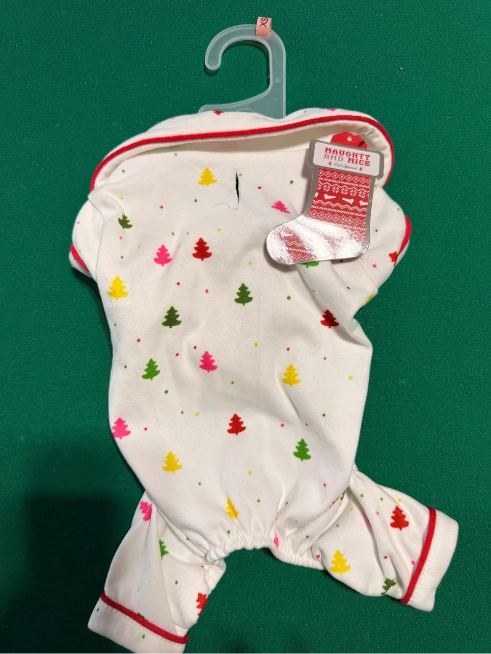 Size XS White Dog Pajamas with Multicolor Trees